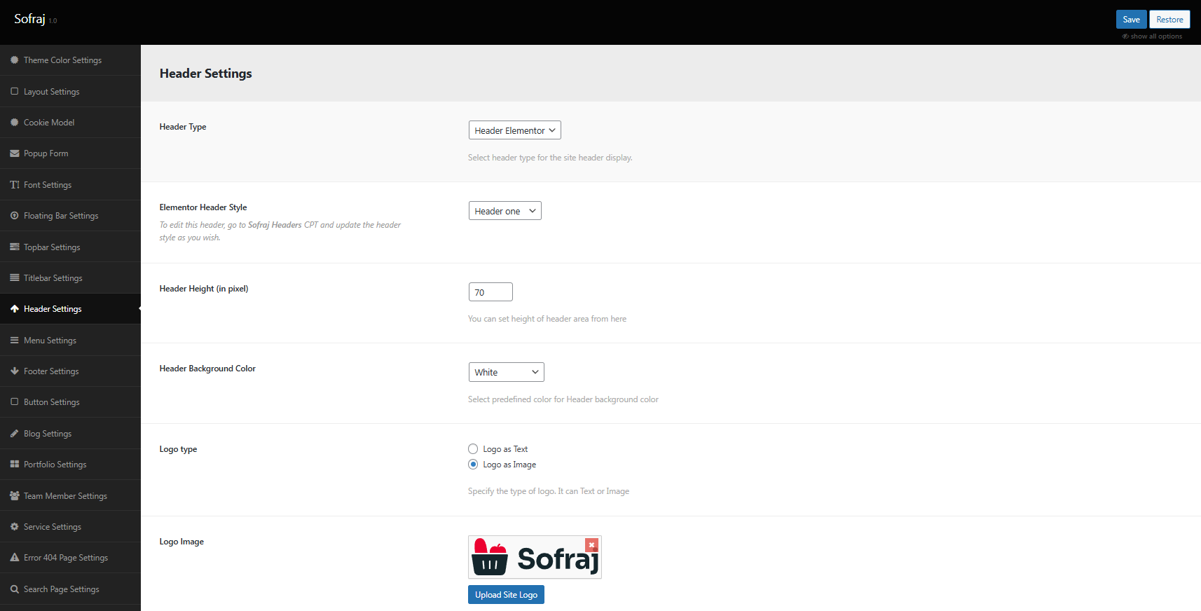 Header settings panel